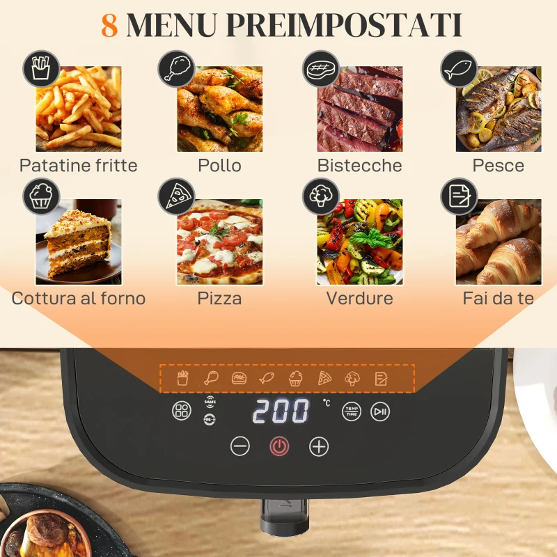 HOMCOM Friggitrice ad Aria da 8L, Air Fryer 1700W con 8 Programmi e Circolazione Aria Calda a 360°, Display LED, Nero