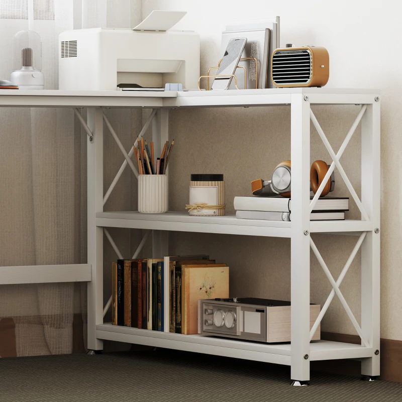 HOMCOM Scrivania ad angolo modulabile reversibile, scrivania con ripiani, ripiano di ripiani, telaio in metallo, 135x110x75cm, bianco