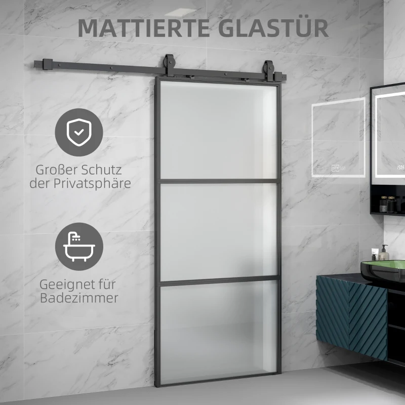 HOMCOM Schuifdeur met melkglas, railsysteem, montageset, soft-close mechanisme, eenvoudige montage, staal, zwart(m-5)
