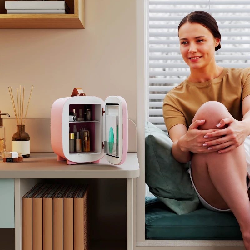 HOMCOM Mini Lodówka Beauty Fridge, Pojemność 4 L, Wymiary 20,3 x 26,3 x 28 cm, Różowa