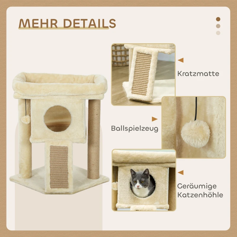 PawHut Kratzbaum mit Jute-Kratzmatte, Liegeplattform, Spielball, Katzenhaus, Beige, 40 x 40 x 57 cm