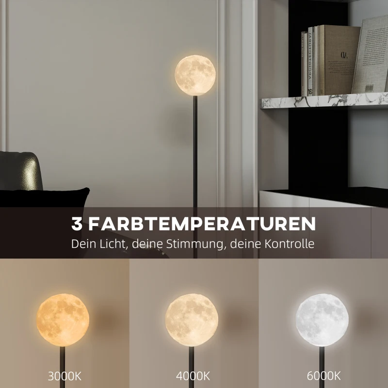 HOMCOM Stehlampe mit Schirm in Mondoptik, Fußschalter, 3 Farbtemperaturen, Metall, Schwarz