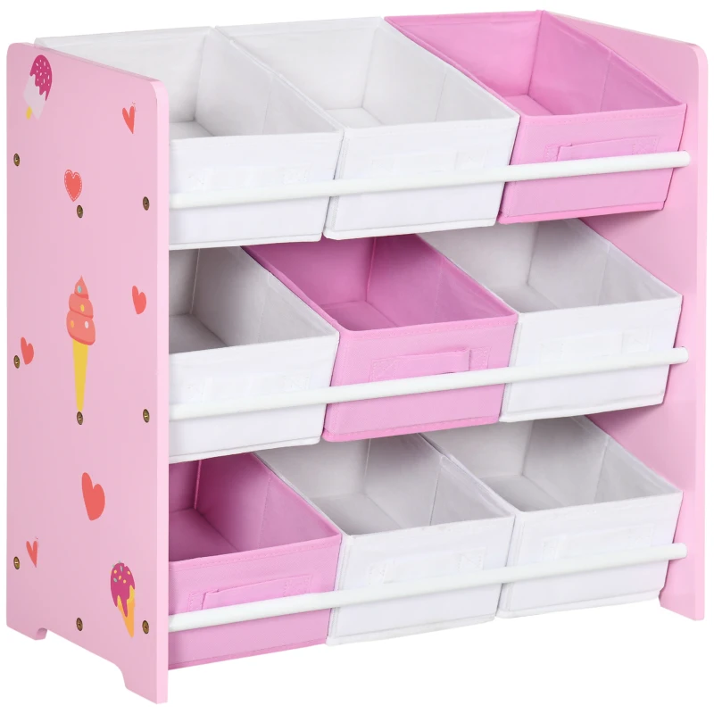 ZONEKIZ Mobilet Portagiochi avec 9 Paniers Amovibles en Bois et Tissu, 63x30x60 cm, Rose et Blanc