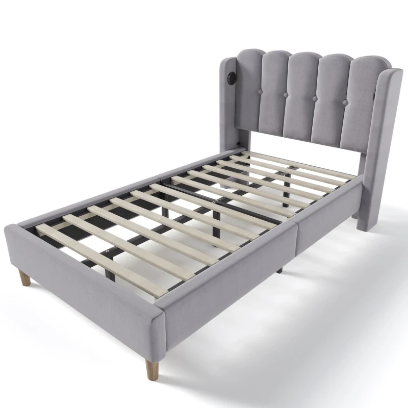 Upholstered Single Bed with USB & Type-C Charging Ports, Teenager Bed for Bedroom & Guest Room, 197L x 103W x 103H cm, Grey