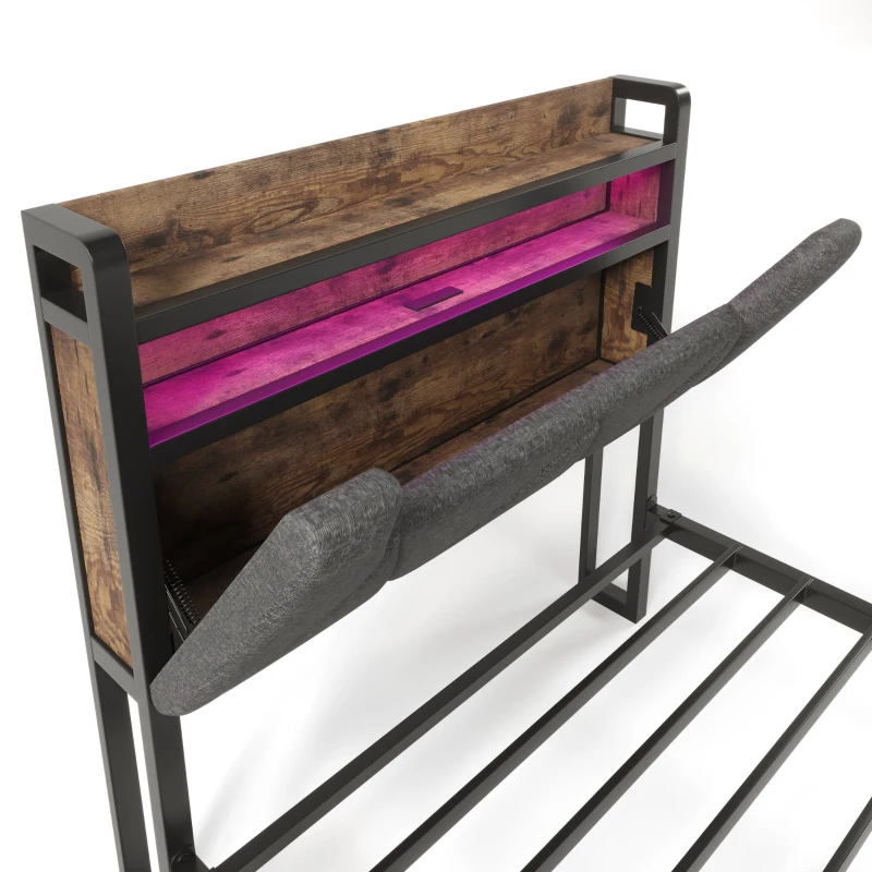 Upholstered Single Bed with LED Lighting, USB Type-C Charging, Storage Headboard and Drawers, 3ft Single Bed, 208L x 92W x 110H cm, Grey