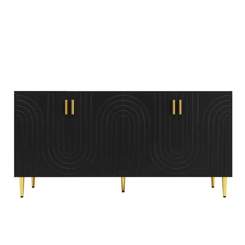 Wave Design Sideboard with Golden Handles and Feet, Multifunctional Storage Cabinet, Easy Maintenance, 152L x 40W x 75H cm, Black