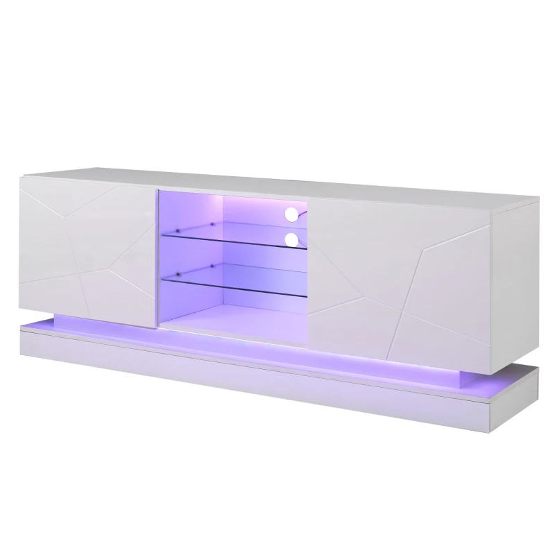 High Gloss TV Cabinet Stand with Smart LED Lighting, Particle Board Entertainment Centre for 70" TV, 160L x 38.5W x 60H cm, White
