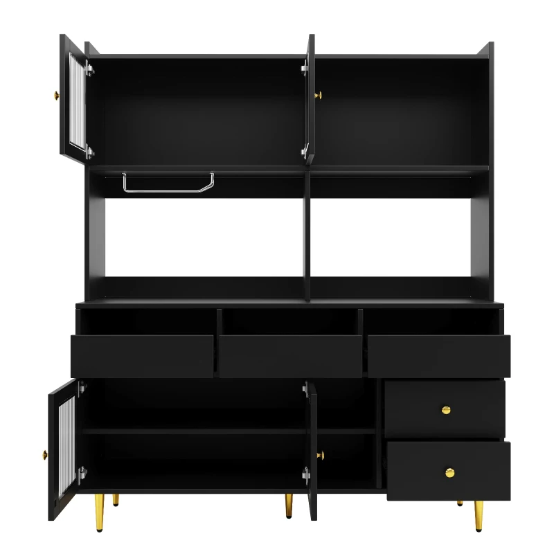 Multi-purpose Storage Cabinet with Changhong Glass Door, Wine Glass Holder, Multi-layered Storage Space, 145L x 39W x 171H cm, Black