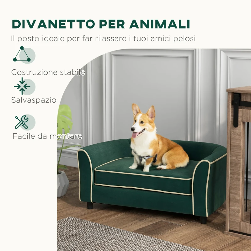 PawHut Divano per Cani Taglia Piccola e Media con Cuscino, in Tessuto Effetto Velluto e Legno, 79x56x35 cm, Verde Scuro