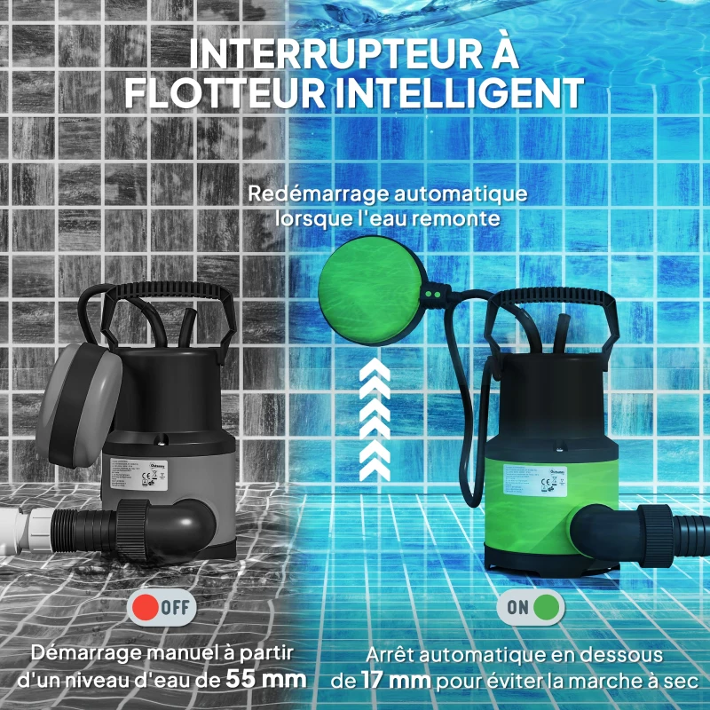 Outsunny Pompe d'évacuation eaux chargées/propres débit 9000L/H 400W profondeur max. 15m interrupteur à flotteur 16x14x27cm vert