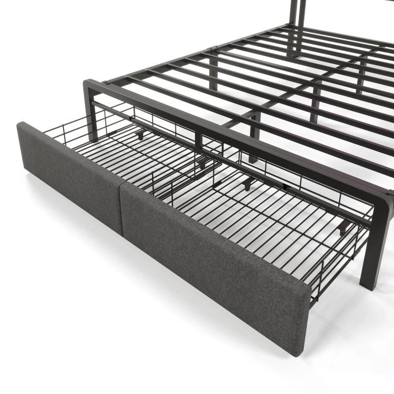 Upholstered Double Bed with LED Lighting, USB Type-C Charging, Bed Frame with Storage Headboard, Drawers, 208L x 137W x 110H cm, Grey