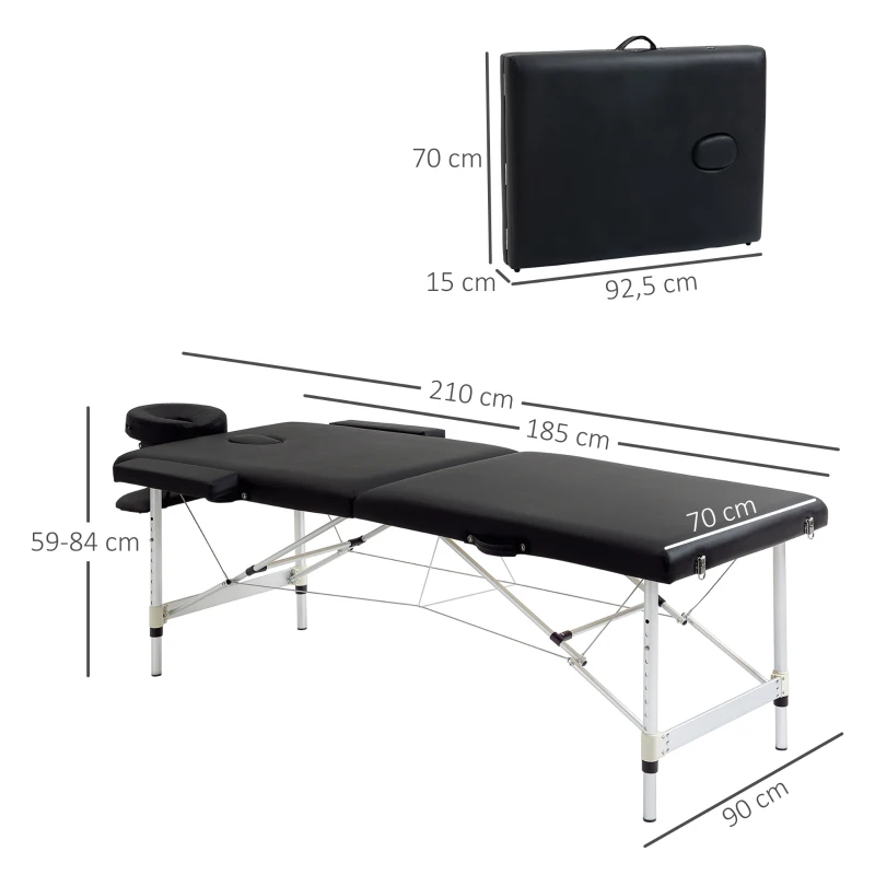 HOMCOM Table de massage pliable portable + housse de transport charge max. 225 Kg hauteur réglable 210 x 90 cm noir