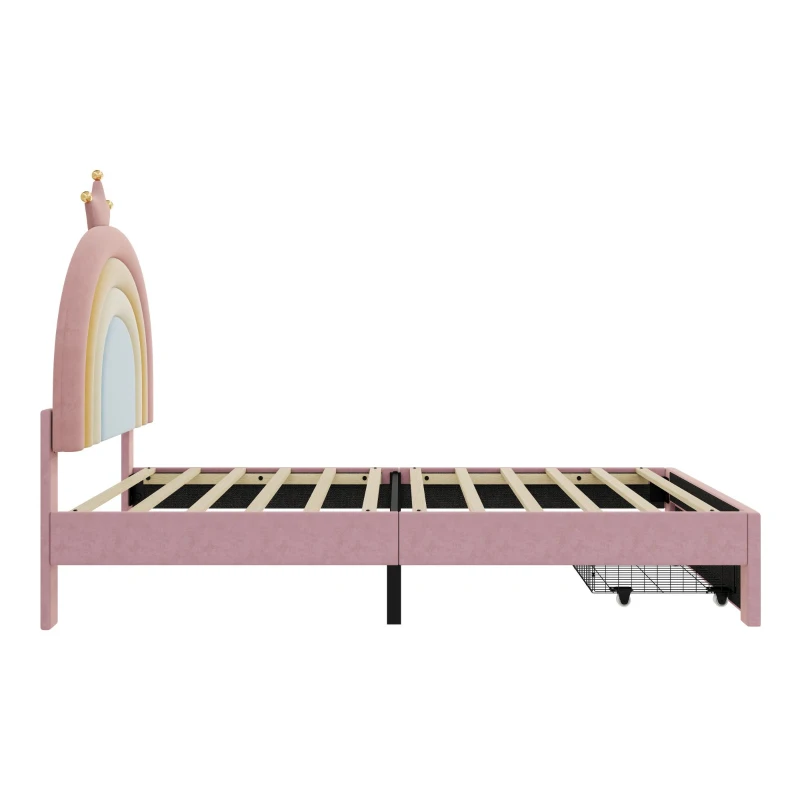 3FT Upholstered Bed with Adjustable Rainbow Headboard, Velvet Frame, Single Bed Frame with Storage Drawer, 194L x 94W x 128H cm, Pink