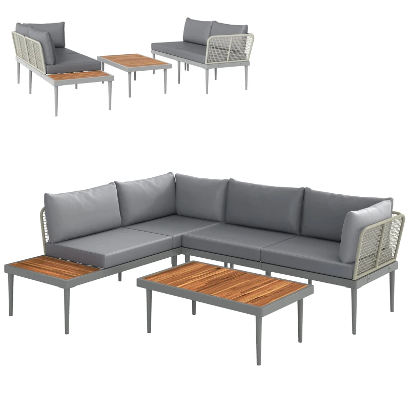 Outsunny Set da Esterno 3 Pezzi con 2 Divanetti 2 Posti e Tavolino Basso, in Rattan e Acciaio Grigio e color Legno