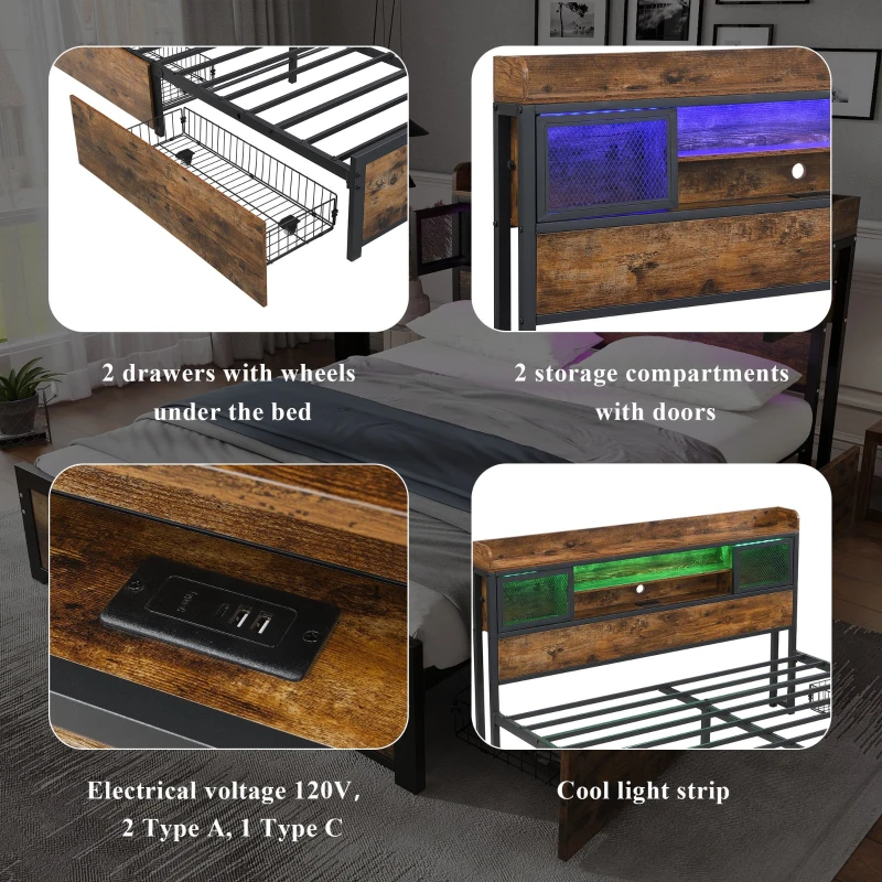 Metal Double Bed with LED Light Strip, 2 Drawers and USB Charging Ports, Sturdy Iron Frame, 207L x 135.5W x 83.5H cm, Black