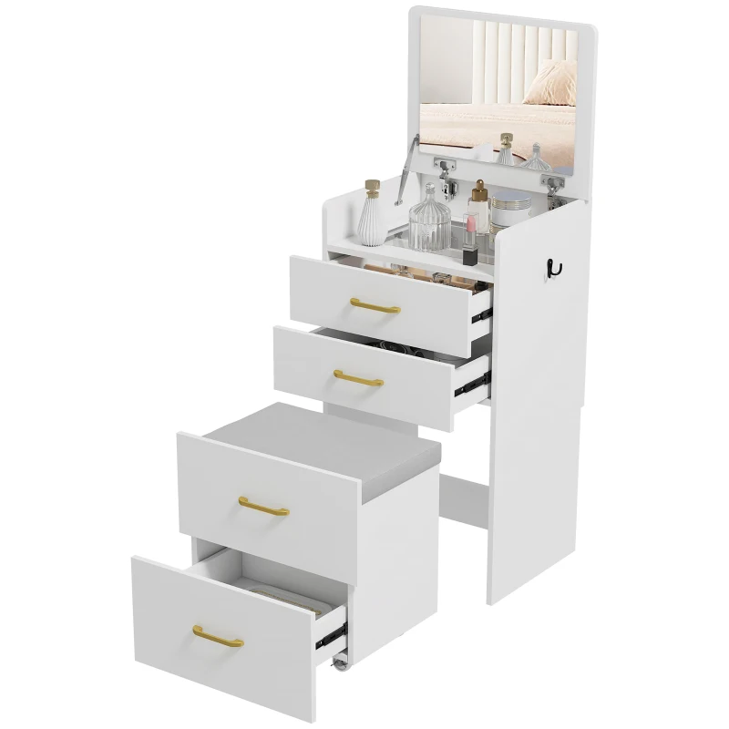HOMCOM 3-in-1 Make-uptafel met Spiegel, Nachtkastje, Rollende Kruk, Lades, Wit(m-10)