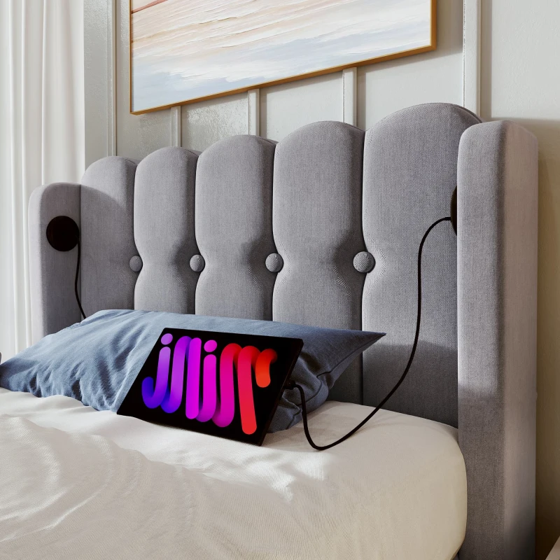 Upholstered Single Bed with USB & Type-C Charging Ports, Teenager Bed for Bedroom & Guest Room, 197L x 103W x 103H cm, Grey