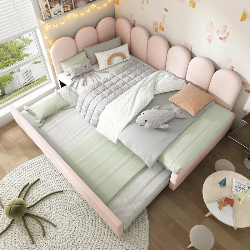 Upholstered Daybed with Pull-Out Bed, 3FT Single Sofa Bed with Metal Slatted Frame, Easy Installation, 193L x 97W x 76H cm, Pink