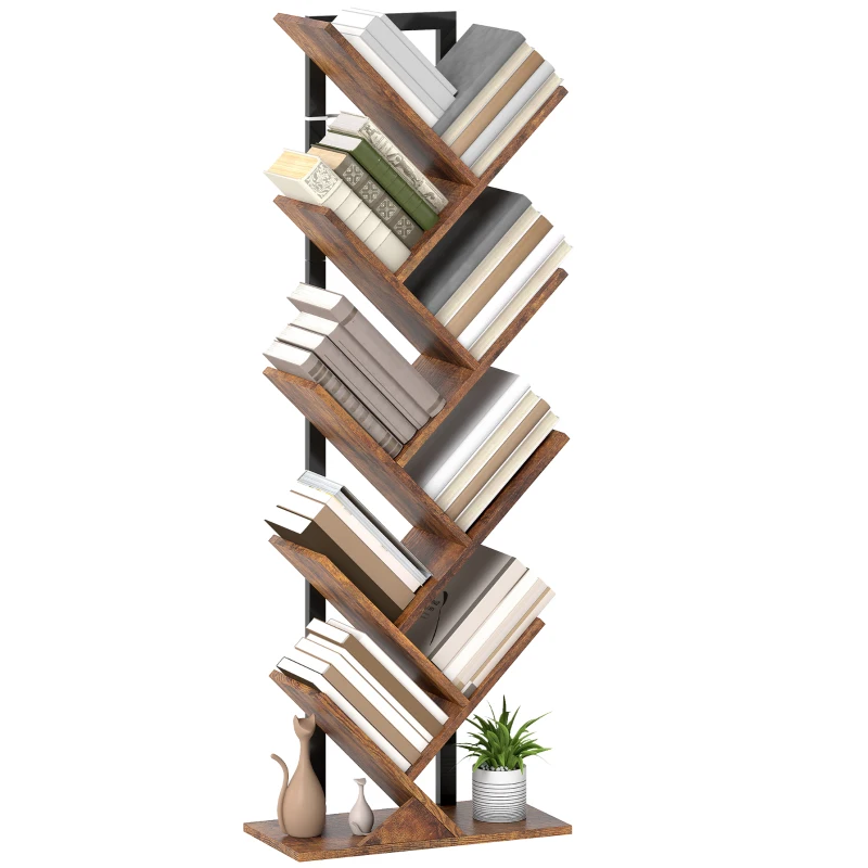 HOMCOM Libreria Scaffale con 9 Ripiani Stretto a Forma di Albero per Ufficio, Marrone Rustico
