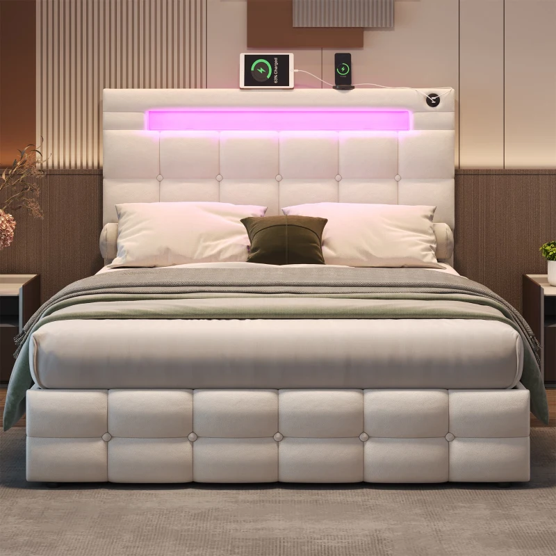 LED Double Upholstered Bed Frame with Charging Station, Adjustable Headboard, Velvet Hydraulic Storage Bed, 202.5L x 142W x 108H cm, Beige