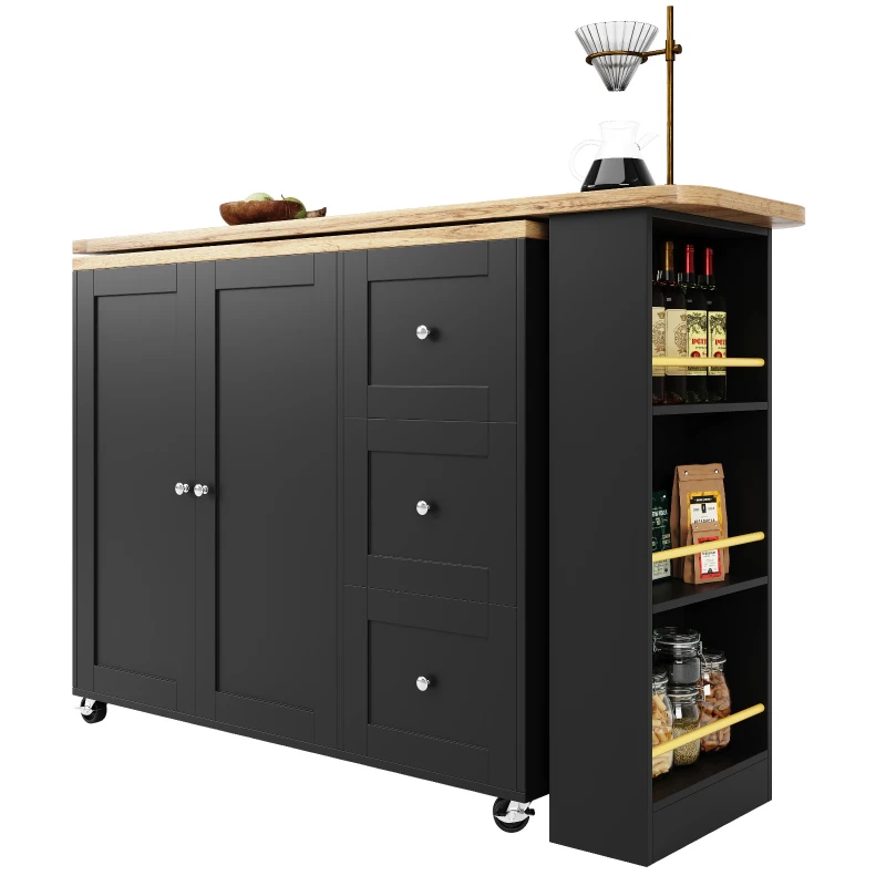 360° Swivelling Dining Table with Snack Rack, Three Drawers, Multifunctional Kitchen Island with Castors, 209L x 39W x 104H cm, Black