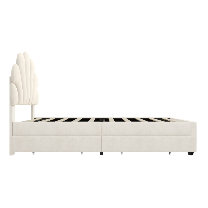 Single Upholstered Bed with 2 Storage Drawers, Adjustable Petal Headboard, Velvet Bed Frame with Wood Slat, 194L x 107W x 106H cm, Beige