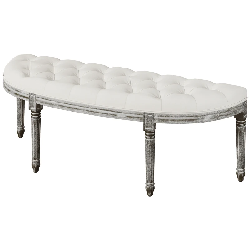 HOMCOM Half-Circle End Bench Ottoman Footstool Tufting Padded Seat Brushed Wood Base Antique Accents Home Seat Furniture Cream White and Light Wood Grain Leg
