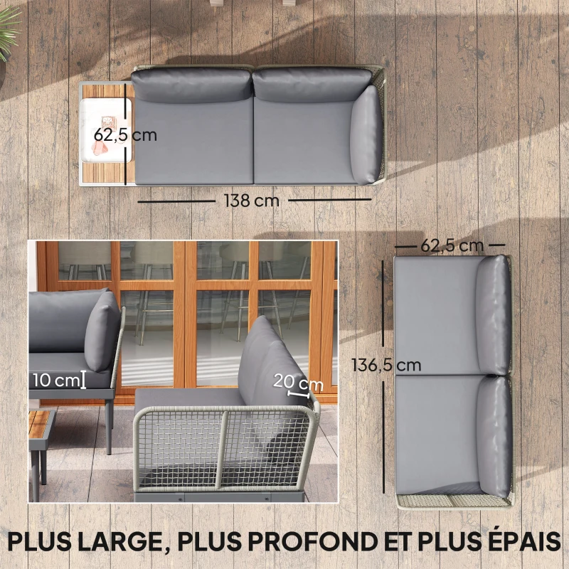 Outsunny Salon de jardin extérieur 4 places modulable en bois d'acacia, canapé d'angle extérieur avec table basse et coussins