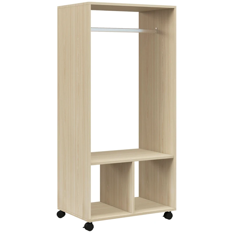 HOMCOM Armario Ropero con Ruedas Barra y Estantes para tener Ropa Colgada y Doblada 60x40x128 cm Natural