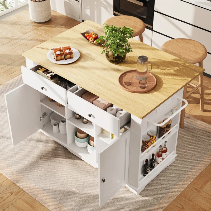 Kitchen Island Trolley with Power Strip, Foldable Dining Table, Ample Storage and Lockable Castors, 151.5L x 85W x 92H cm, White+Natural