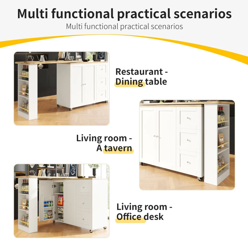 360° Swivelling Dining Table with Castors, Multifunctional Storage Island with Three Drawers, Snack Rack, 209L x 39W x 104H cm, White