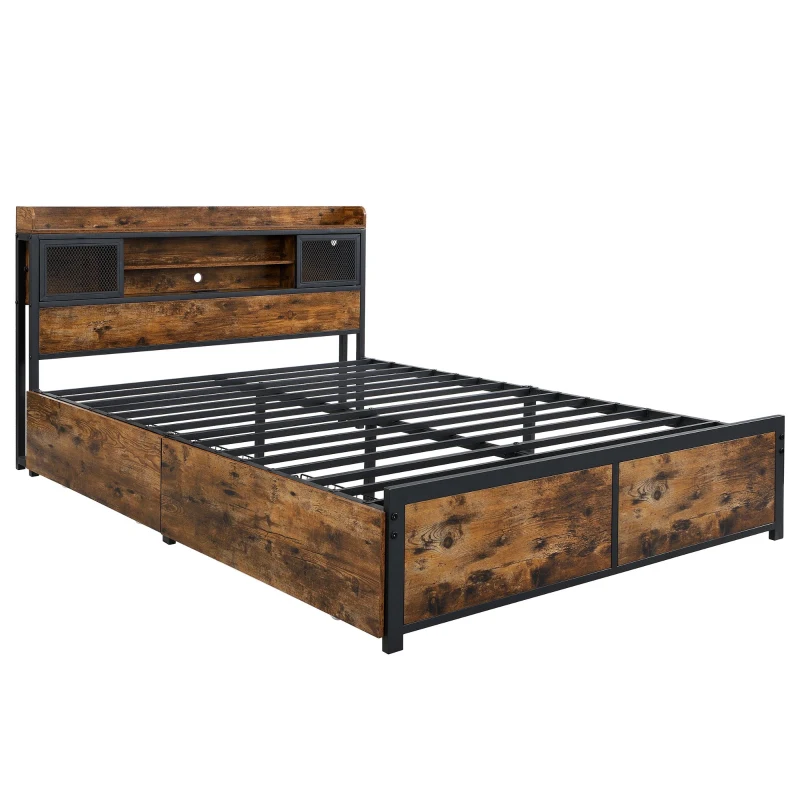 Metal Double Bed with LED Light Strip, 2 Drawers and USB Charging Ports, Sturdy Iron Frame, 207L x 135.5W x 83.5H cm, Black