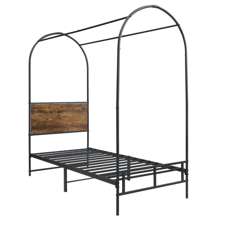 Metal Canopy Bed Frame with Durable Iron and MDF Construction, Wood Headboard, Easy Self-Installation, 195L x 90.5W x 192H cm, Black