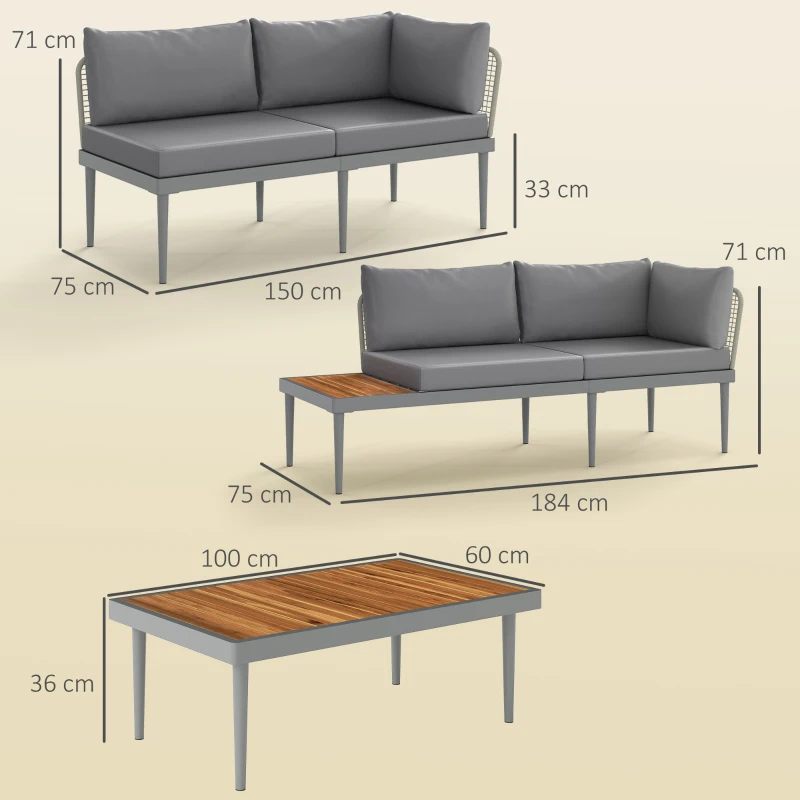 Outsunny Salon de jardin extérieur 4 places modulable en bois d'acacia, canapé d'angle extérieur avec table basse et coussins
