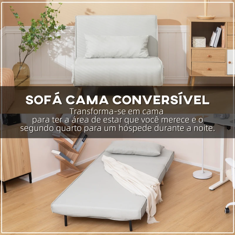 HOMCOM Poltrona 3 em 1 Sofá Cama Individual Dobrável com Encosto Ajustável em 6 Posições e Almofada 94x78x80 cm Bege