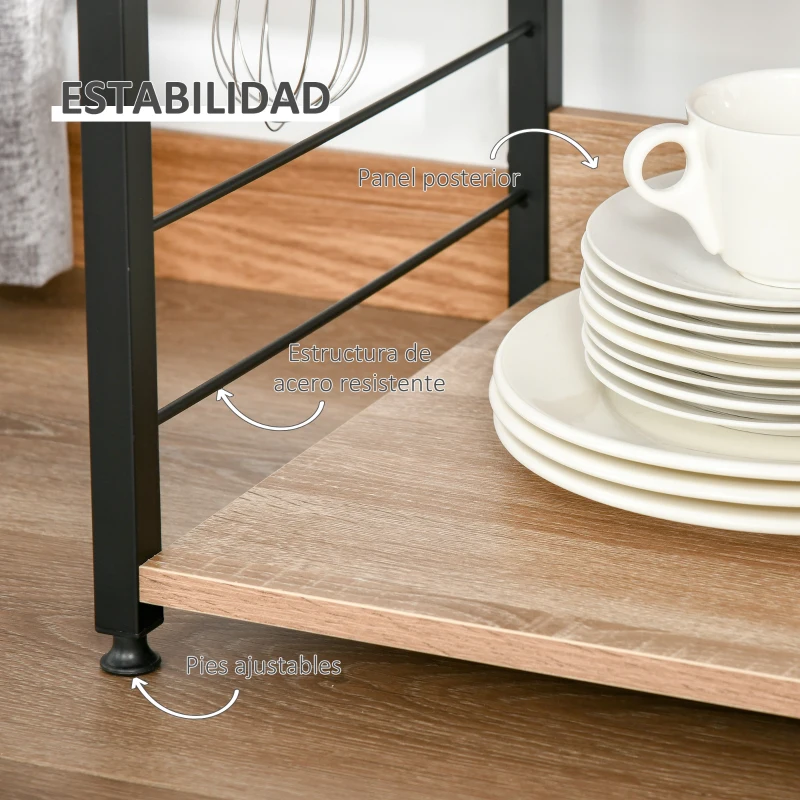 HOMCOM Estante de Cozinha para Microondas com 4 Níveis Ganchos e Pés Ajustáveis Estante de Armazenamento 60x40x125cm Madeira Natural