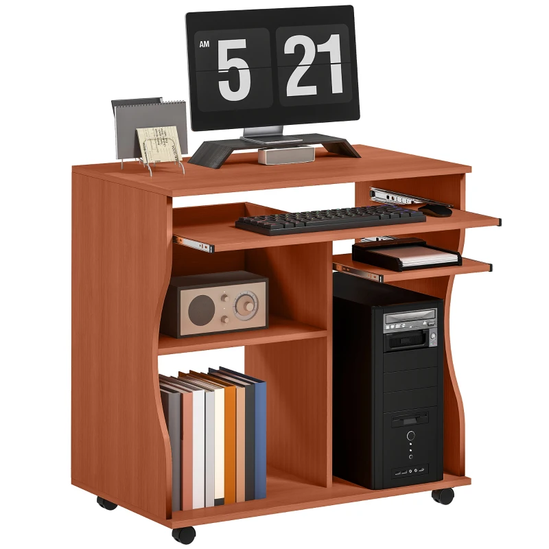 HOMCOM Multi-Storage Compact Work Desk, with Wheels - Cherry Wood Colour