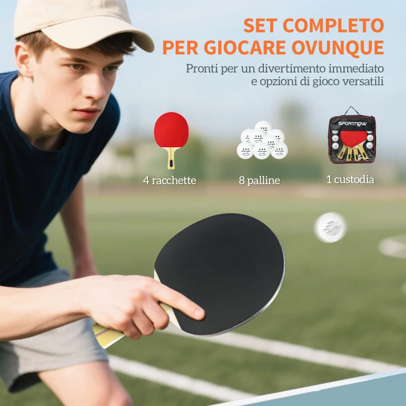 SPORTNOW Set 4 Racchette da Ping Pong e 8 Palline con Custodia per Trasporto, Rosso e Nero