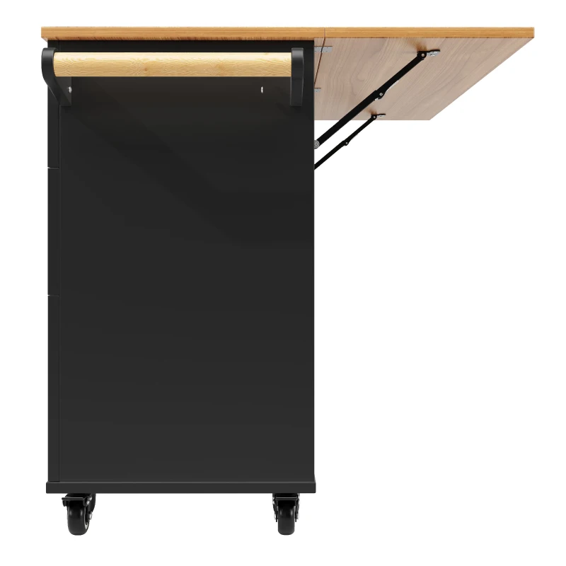 Rolling Mobile Kitchen Island Cart with Drawer and Storage Cabinet, Drop Leaf Breakfast Bar with Towel Rack, 121L x 70W x 88H cm, Black