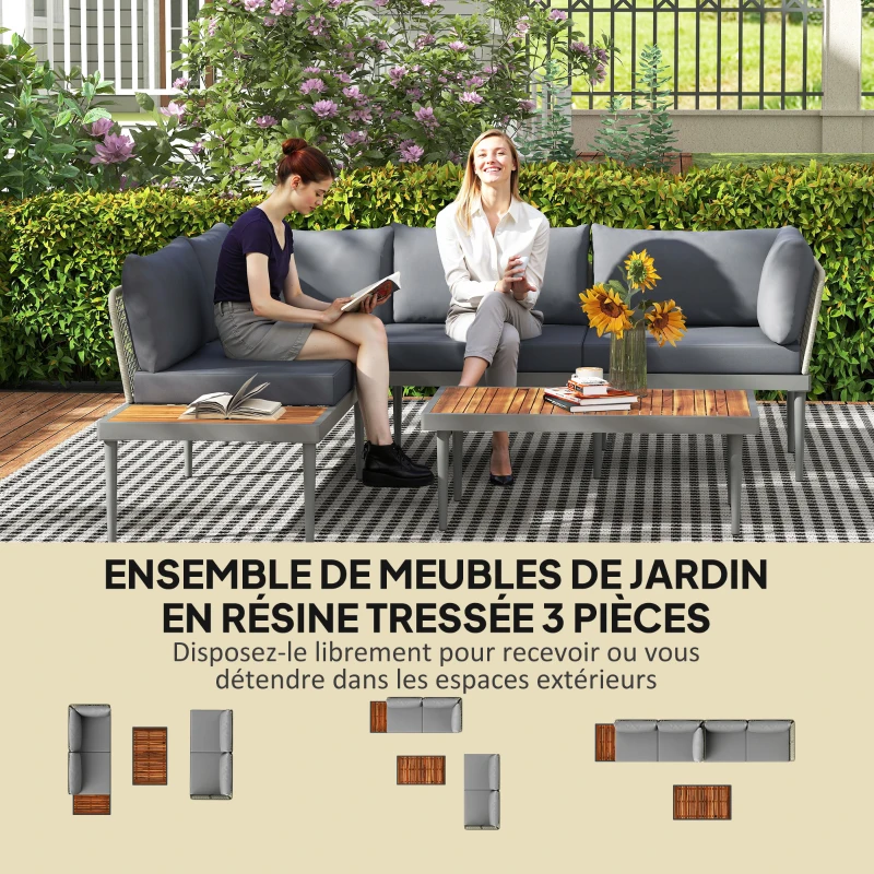 Outsunny Salon de jardin extérieur 4 places modulable en bois d'acacia, canapé d'angle extérieur avec table basse et coussins
