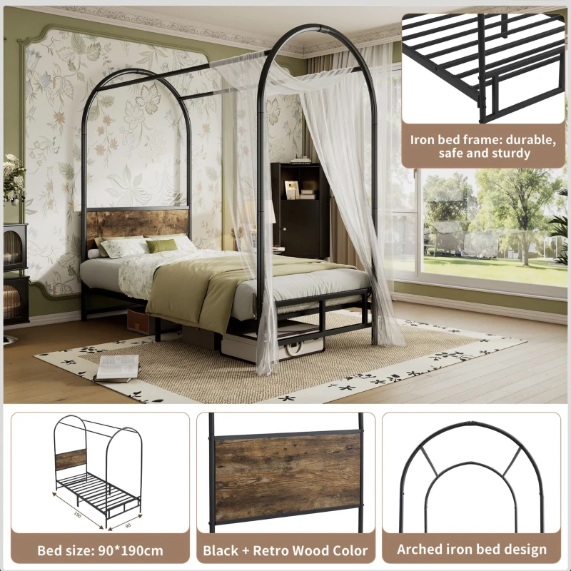 Metal Canopy Bed Frame with Durable Iron and MDF Construction, Wood Headboard, Easy Self-Installation, 195L x 90.5W x 192H cm, Black