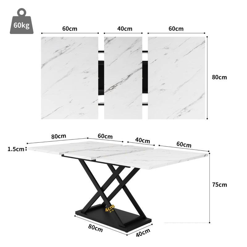 Telescopic Dining Table with Extendable MDF Top and Crossed Iron Legs, Space-Saving Design for Kitchen, 120L x 80W x 75H cm, White+Black