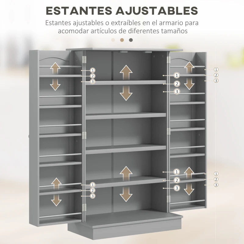 HOMCOM Armario Despensa Cocina con 2 Puertas y 16 Estantes Alacena Moderna con Estantes Ajustables 60x30x104cm Gris