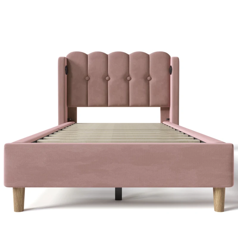 Upholstered Single Bed with USB and Type-C Charging Ports, Velvet Bed Frame with Wooden Slats for Teen Bedroom, 197L x 103W x 103H cm, Pink