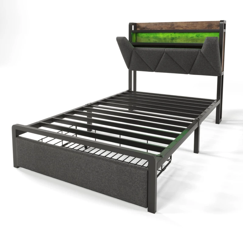 Upholstered Single Bed with LED Lighting, USB Type-C Charging, Storage Headboard and Drawers, 3ft Single Bed, 208L x 92W x 110H cm, Grey