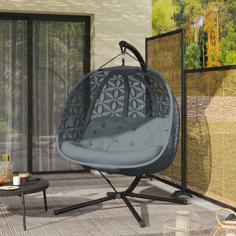 Outsunny Outdoor Double Hanging Chair with Cushion and Cup Holders, Charcoal Grey