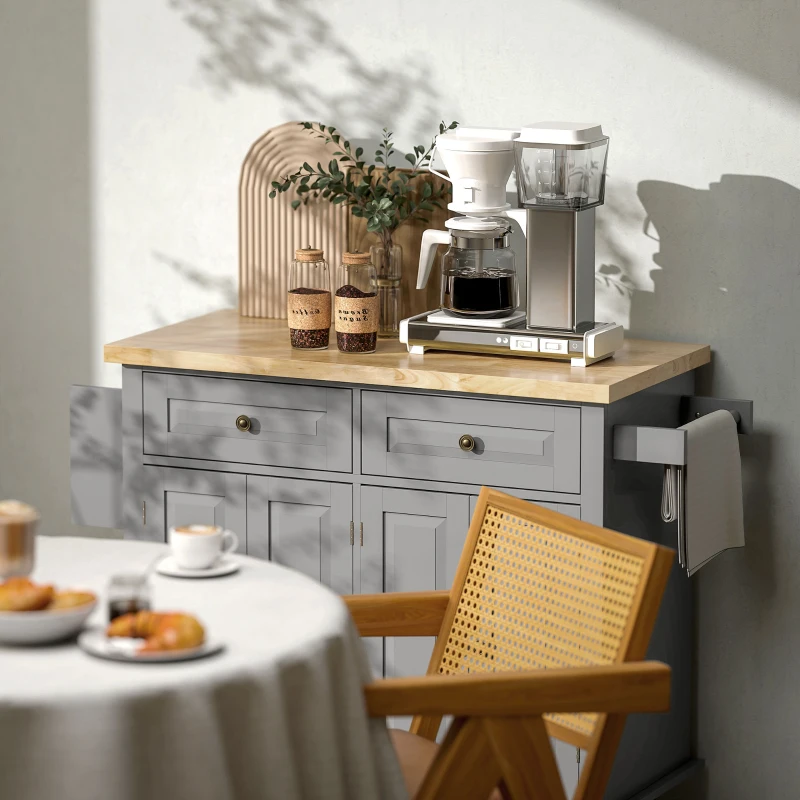 HOMCOM Isla de Cocina con Ruedas Mueble Auxiliar de Cocina con Especiero y Barra Lateral 111x44,5x82,5 cm Gris
