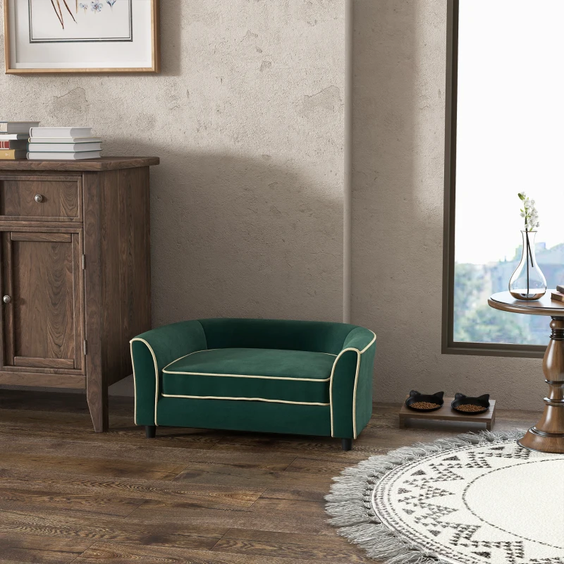 PawHut Divano per Cani Taglia Piccola e Media con Cuscino, in Tessuto Effetto Velluto e Legno, 79x56x35 cm, Verde Scuro
