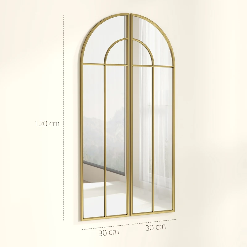 HOMCOM Espelho Decorativo de Parede com 2 Peças 30x120 cm Espelho em Forma de Arco e Estrutura de Metal para Entrada Dourado