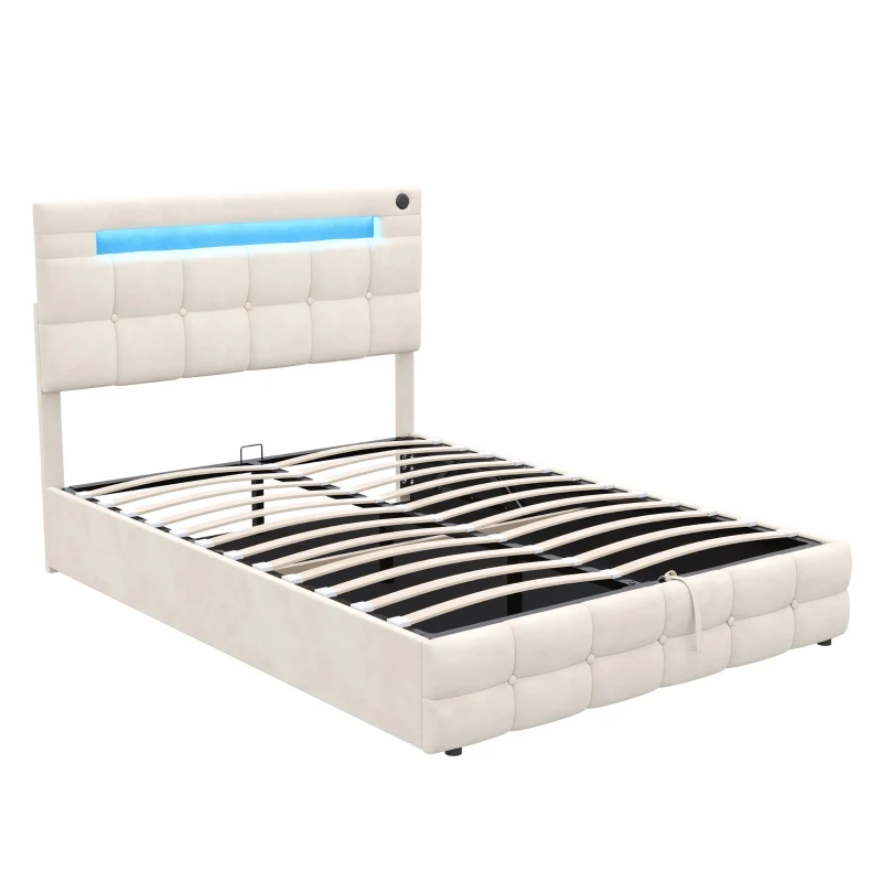 LED Double Upholstered Bed Frame with Charging Station, Adjustable Headboard, Velvet Hydraulic Storage Bed, 202.5L x 142W x 108H cm, Beige